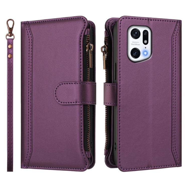 For OPPO Find X5 Pro Magnetic Closure 9 Card Slots Zipper Leather Case with Hand Strap
