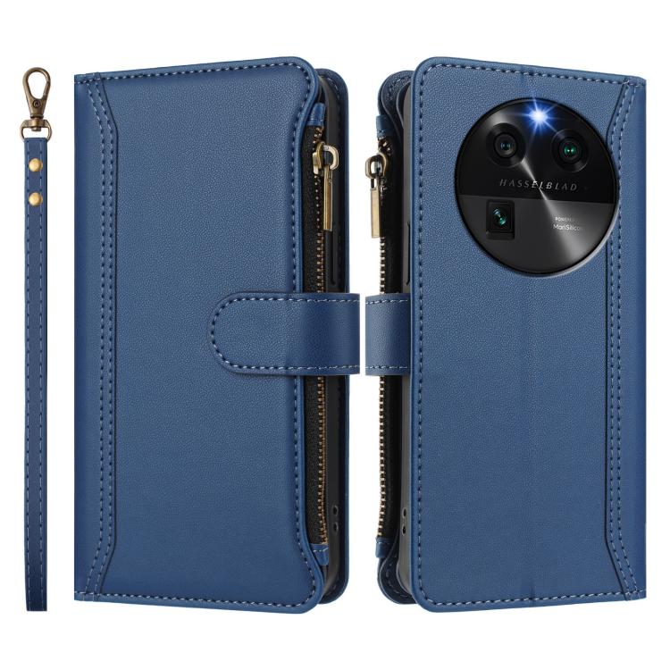 For OPPO Find X6 5G Global Magnetic Closure 9 Card Slots Zipper Leather Case with Hand Strap