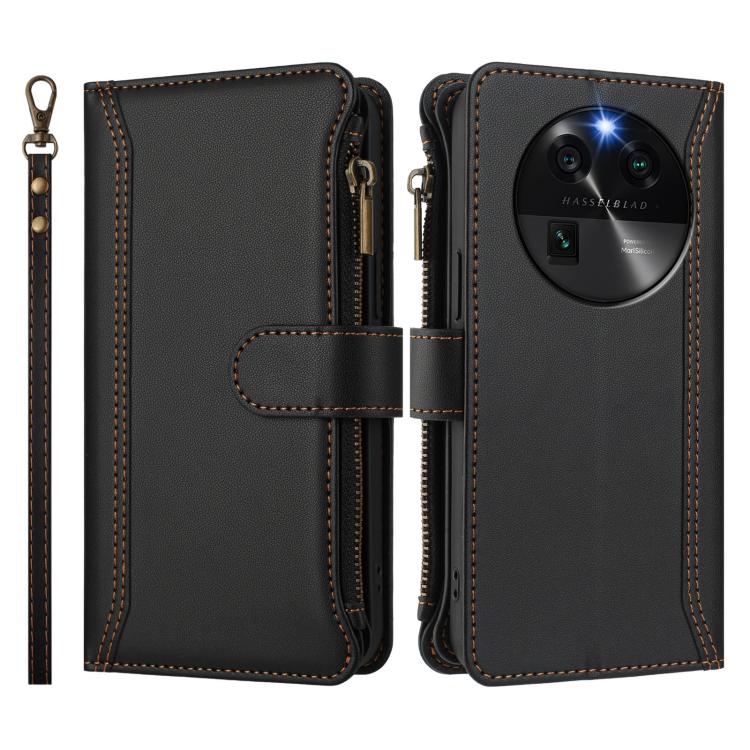 For OPPO Find X6 5G Global Magnetic Closure 9 Card Slots Zipper Leather Case with Hand Strap