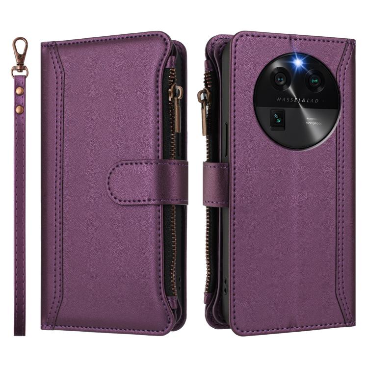 For OPPO Find X6 5G Global Magnetic Closure 9 Card Slots Zipper Leather Case with Hand Strap