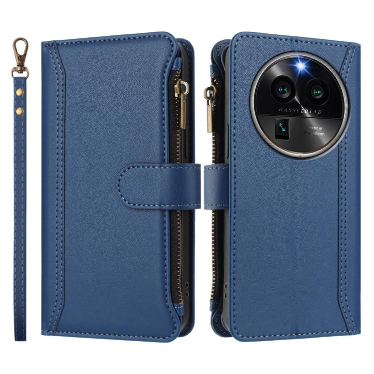 For OPPO Find X6 Pro 5G Global Magnetic Closure 9 Card Slots Zipper Leather Case with Hand Strap