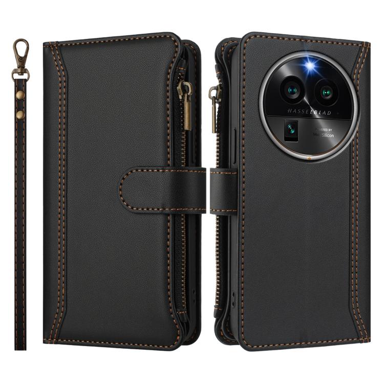 For OPPO Find X6 Pro 5G Global Magnetic Closure 9 Card Slots Zipper Leather Case with Hand Strap