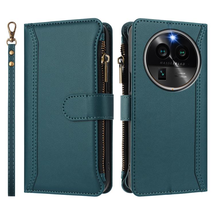 For OPPO Find X6 Pro 5G Global Magnetic Closure 9 Card Slots Zipper Leather Case with Hand Strap