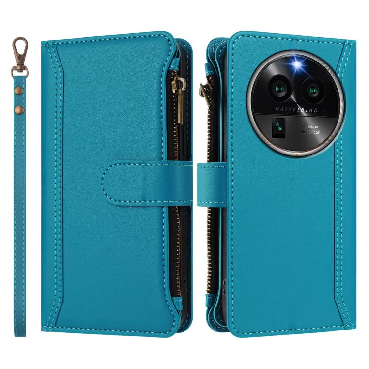 For OPPO Find X6 Pro 5G Global Magnetic Closure 9 Card Slots Zipper Leather Case with Hand Strap