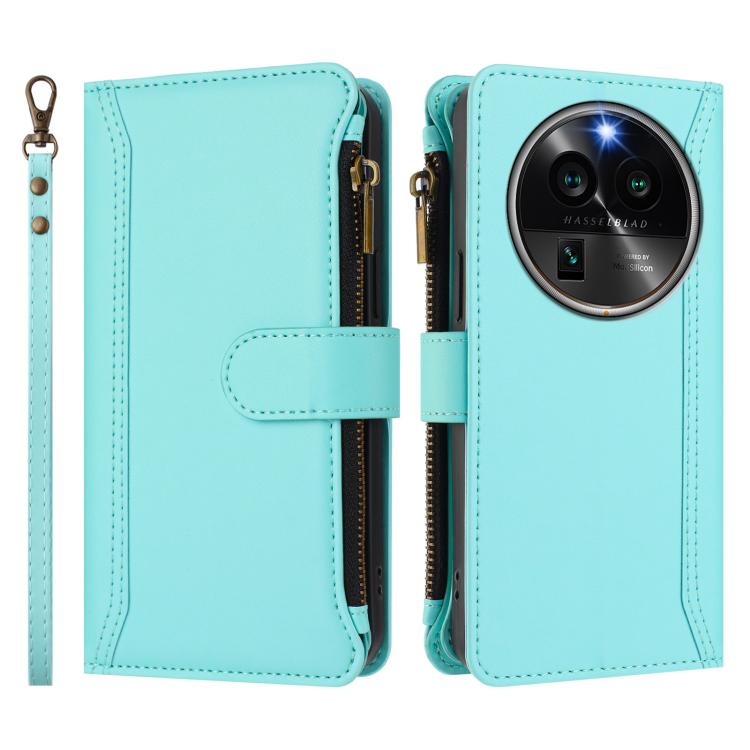 For OPPO Find X6 Pro 5G Global Magnetic Closure 9 Card Slots Zipper Leather Case with Hand Strap