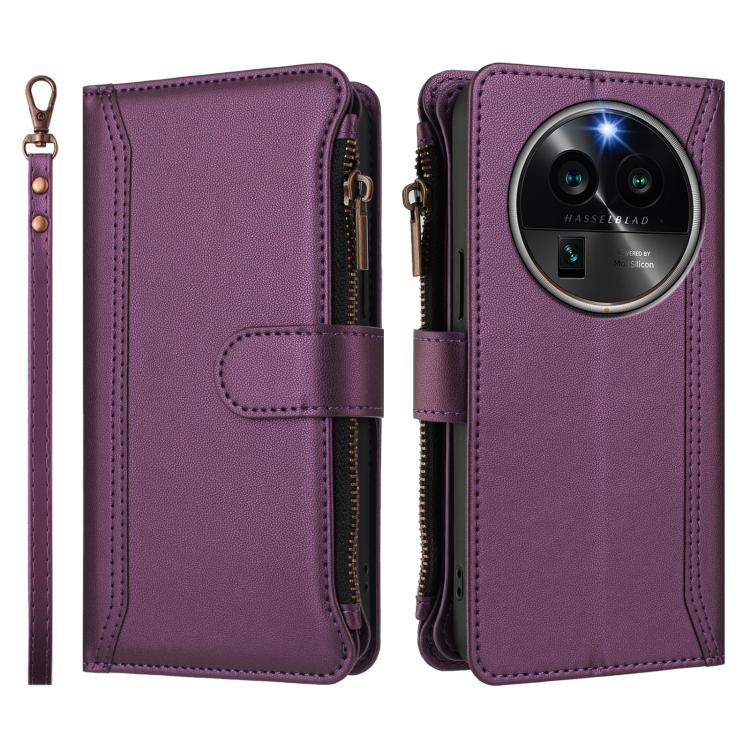 For OPPO Find X6 Pro 5G Global Magnetic Closure 9 Card Slots Zipper Leather Case with Hand Strap
