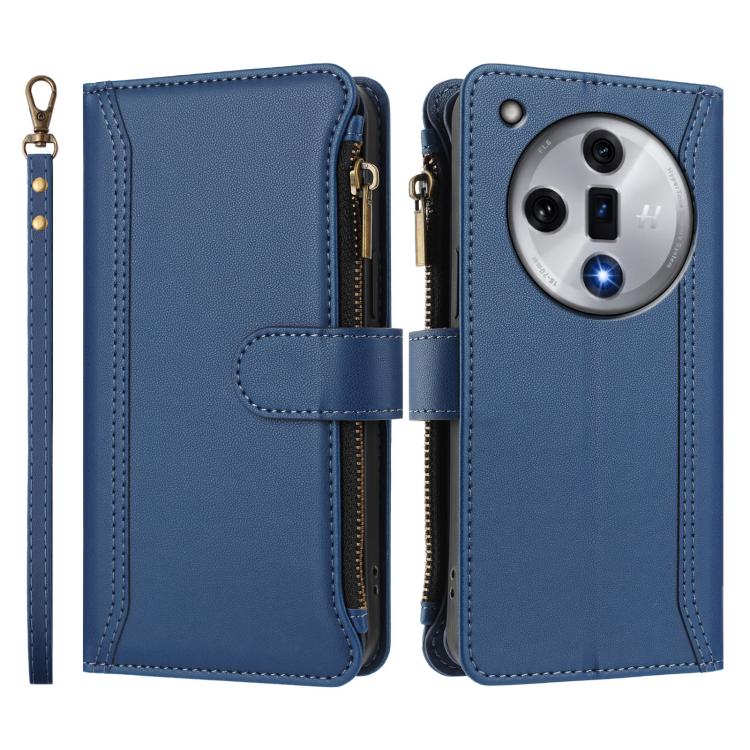 For OPPO Find X7 Magnetic Closure 9 Card Slots Zipper Leather Case with Hand Strap