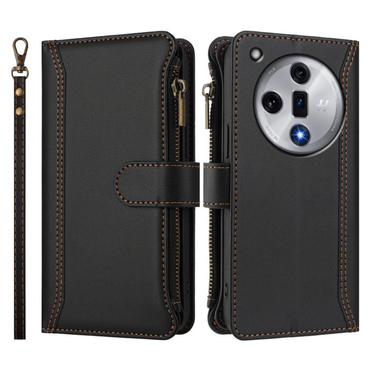 For OPPO Find X7 Magnetic Closure 9 Card Slots Zipper Leather Case with Hand Strap