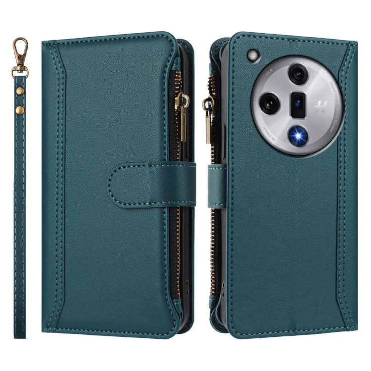 For OPPO Find X7 Magnetic Closure 9 Card Slots Zipper Leather Case with Hand Strap