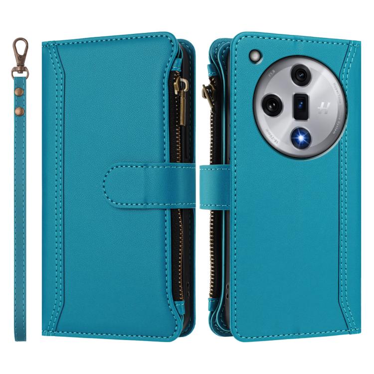 For OPPO Find X7 Magnetic Closure 9 Card Slots Zipper Leather Case with Hand Strap