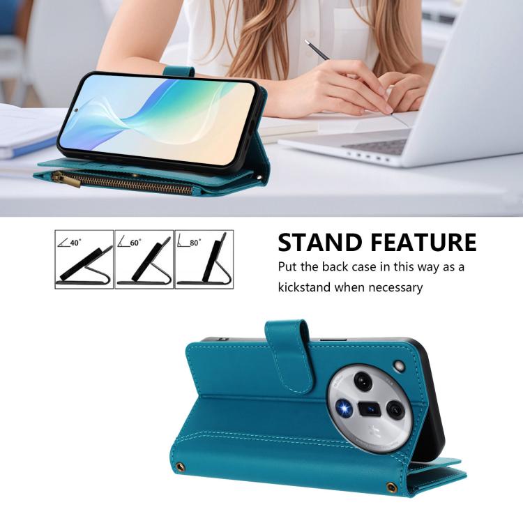 For OPPO Find X7 Magnetic Closure 9 Card Slots Zipper Leather Case with Hand Strap