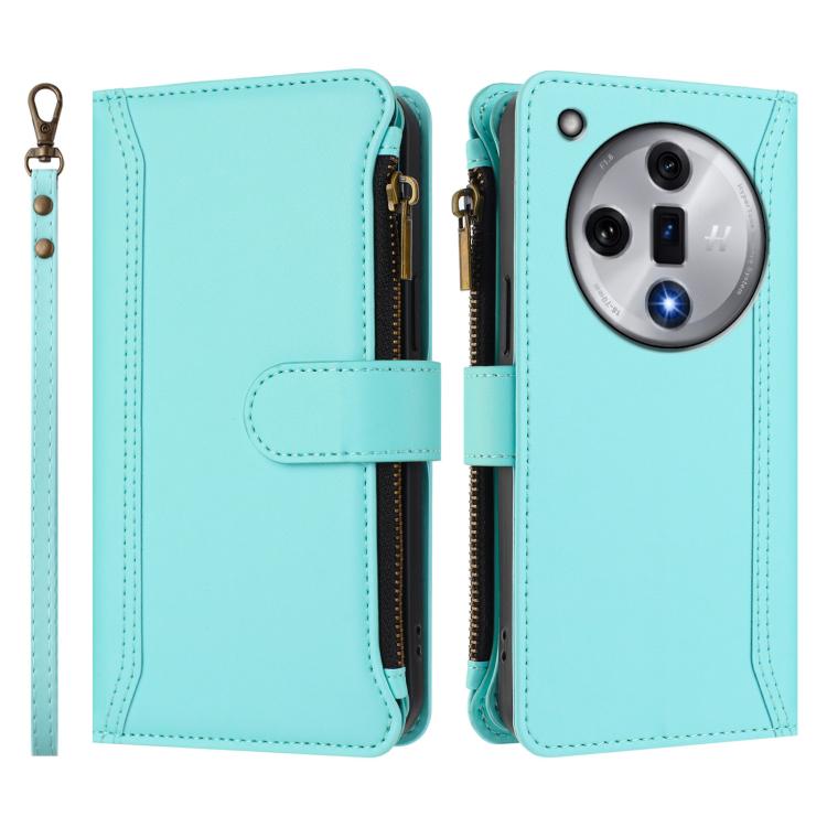 For OPPO Find X7 Magnetic Closure 9 Card Slots Zipper Leather Case with Hand Strap