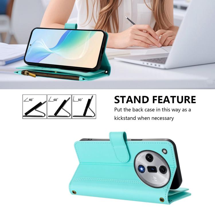 For OPPO Find X7 Magnetic Closure 9 Card Slots Zipper Leather Case with Hand Strap