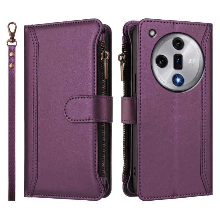 For OPPO Find X7 Magnetic Closure 9 Card Slots Zipper Leather Case with Hand Strap