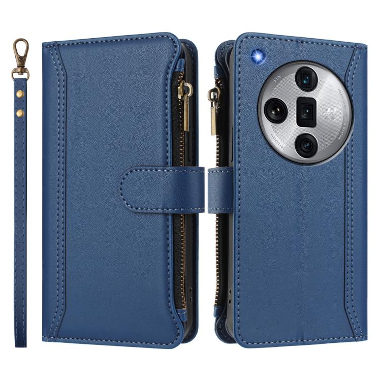 For OPPO Find X7 Ultra Magnetic Closure 9 Card Slots Zipper Leather Case with Hand Strap