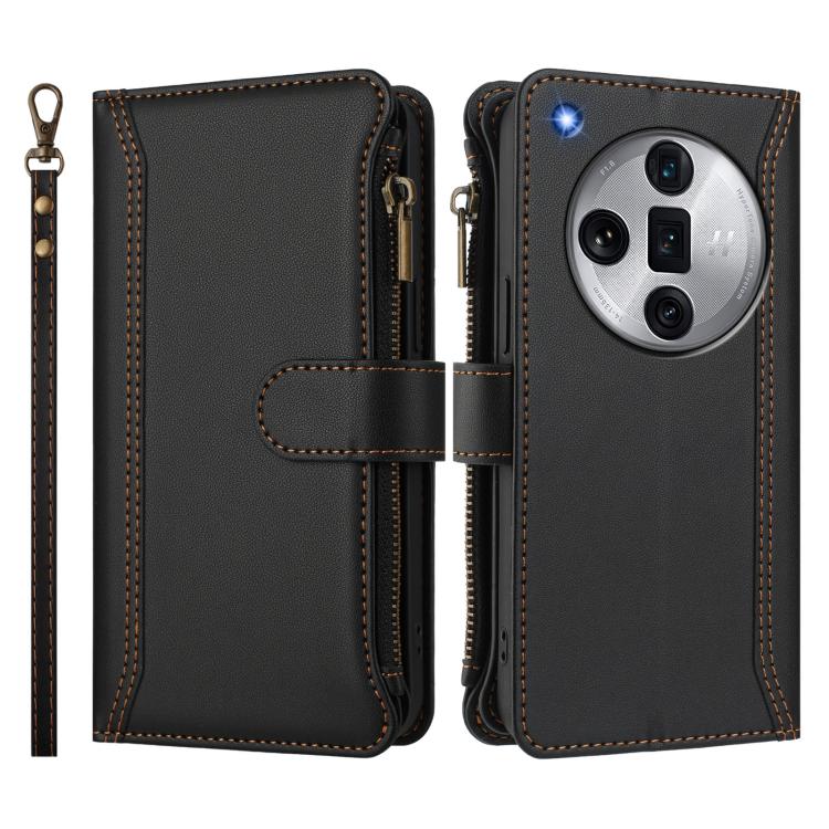 For OPPO Find X7 Ultra Magnetic Closure 9 Card Slots Zipper Leather Case with Hand Strap