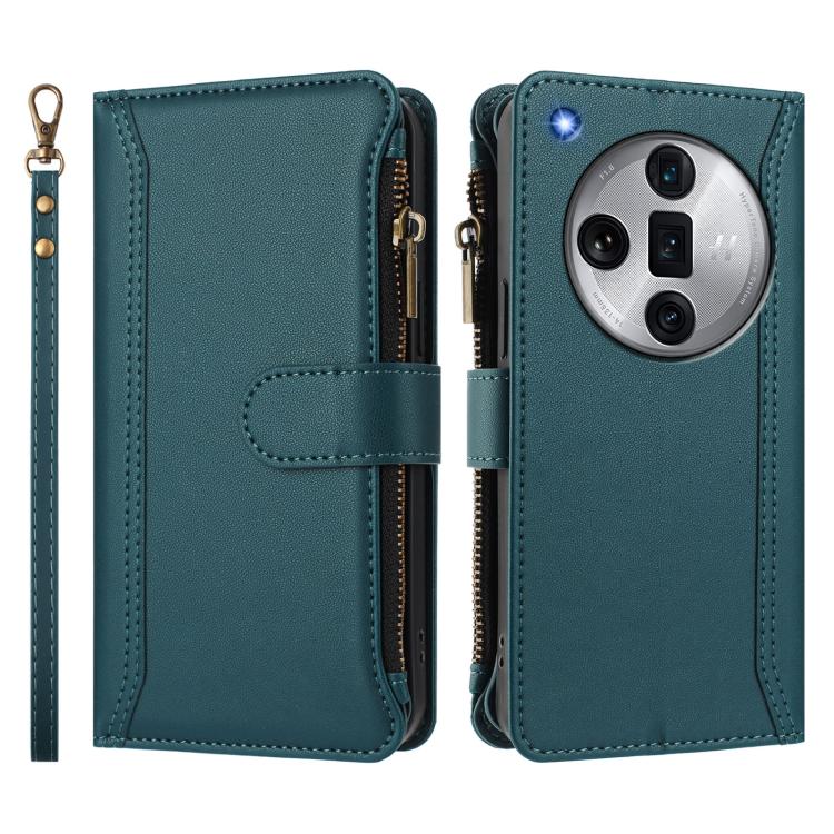 For OPPO Find X7 Ultra Magnetic Closure 9 Card Slots Zipper Leather Case with Hand Strap