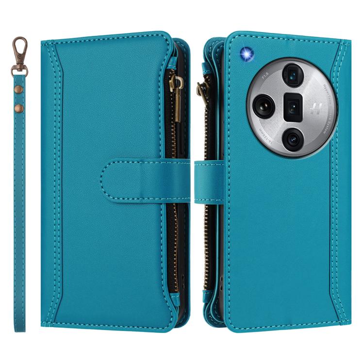 For OPPO Find X7 Ultra Magnetic Closure 9 Card Slots Zipper Leather Case with Hand Strap