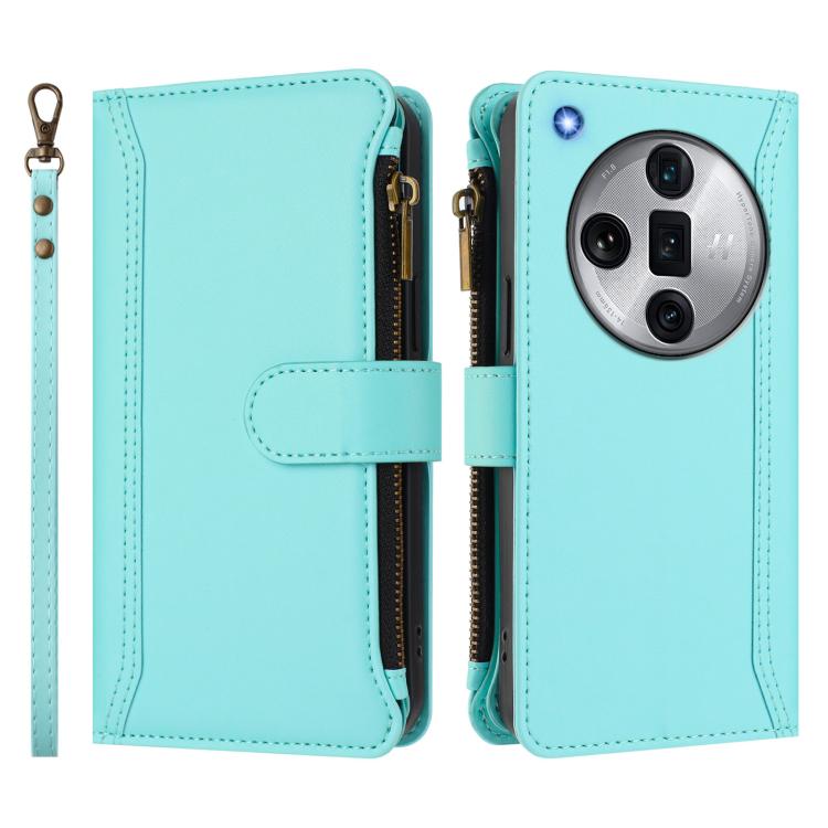 For OPPO Find X7 Ultra Magnetic Closure 9 Card Slots Zipper Leather Case with Hand Strap