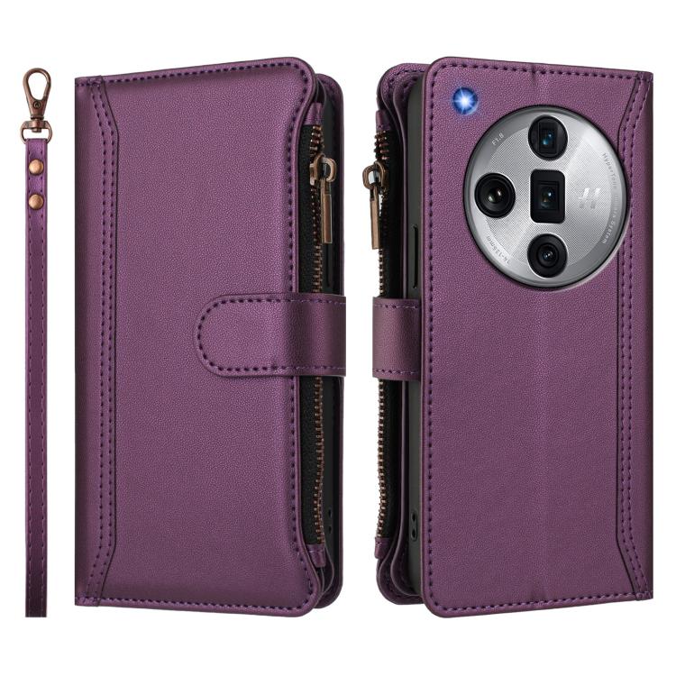 For OPPO Find X7 Ultra Magnetic Closure 9 Card Slots Zipper Leather Case with Hand Strap