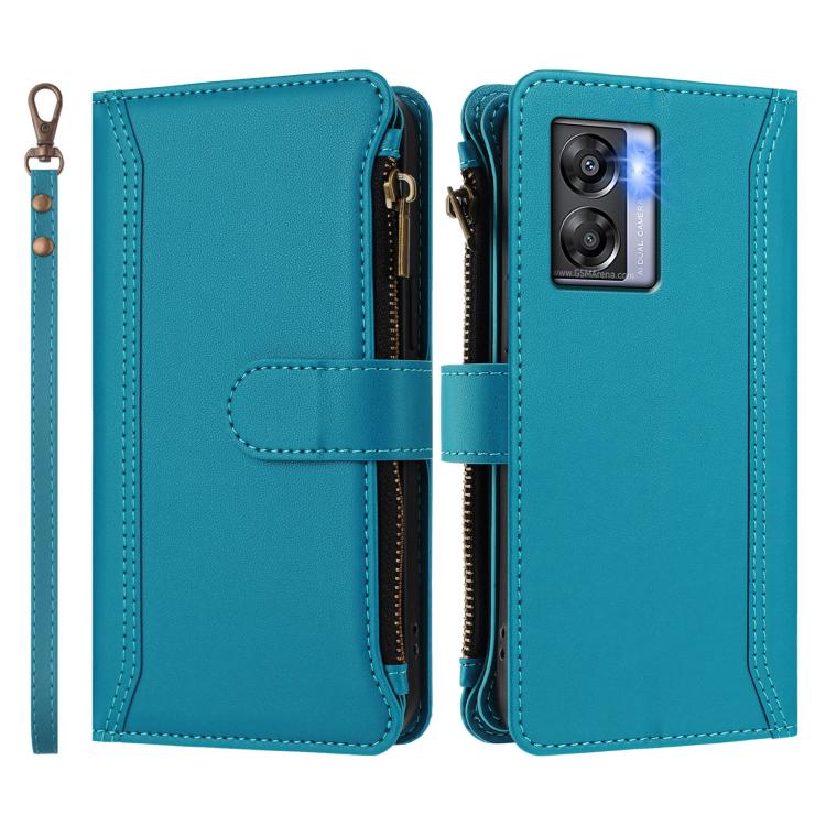 For OPPO K10 5G Global / A77 5G / A97 5G Magnetic Closure 9 Card Slots Zipper Leather Case with Hand Strap