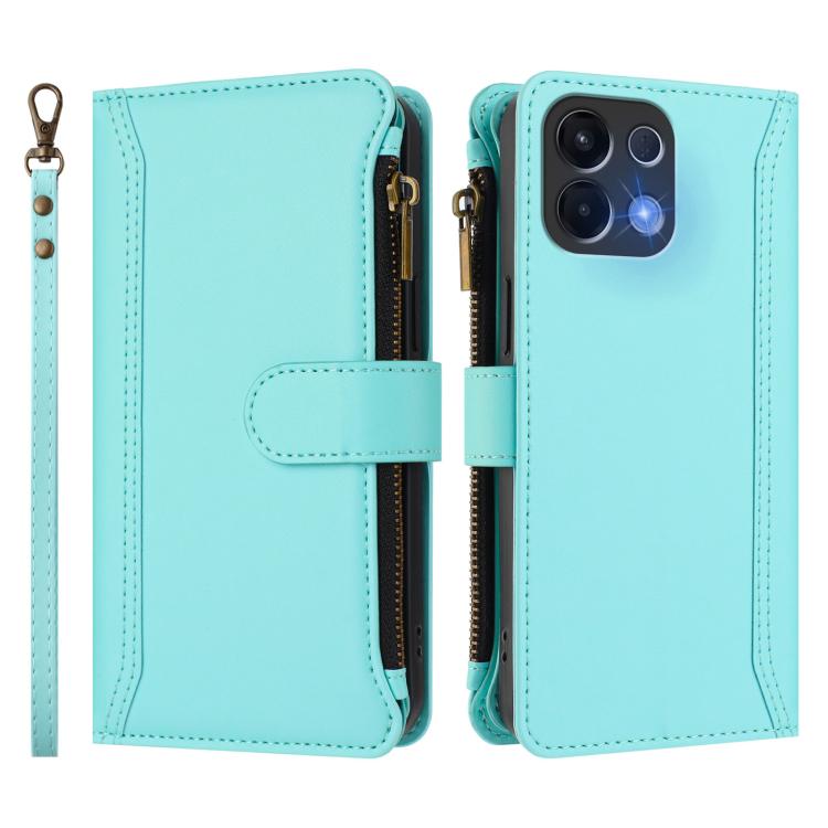 For OPPO K12S / K13 India Magnetic Closure 9 Card Slots Zipper Leather Case with Hand Strap