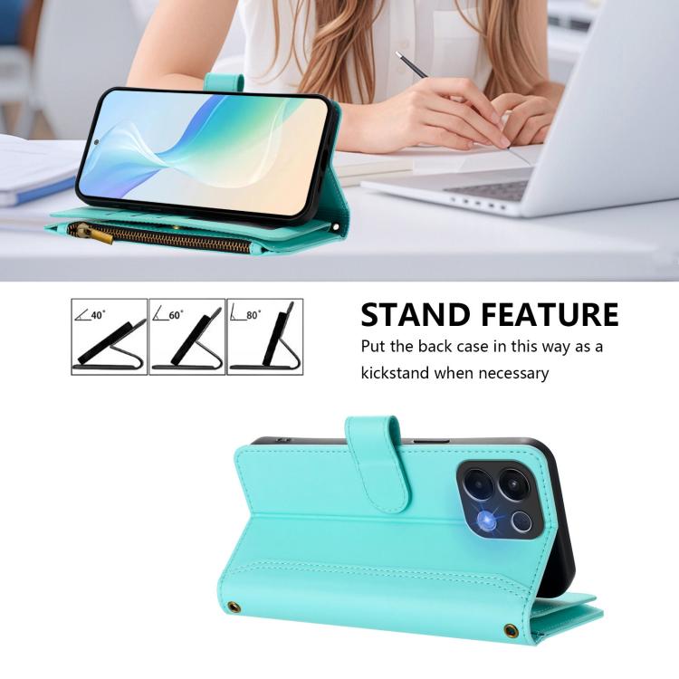 For OPPO K12S / K13 India Magnetic Closure 9 Card Slots Zipper Leather Case with Hand Strap