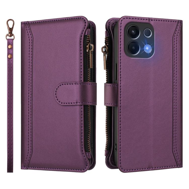 For OPPO K12S / K13 India Magnetic Closure 9 Card Slots Zipper Leather Case with Hand Strap