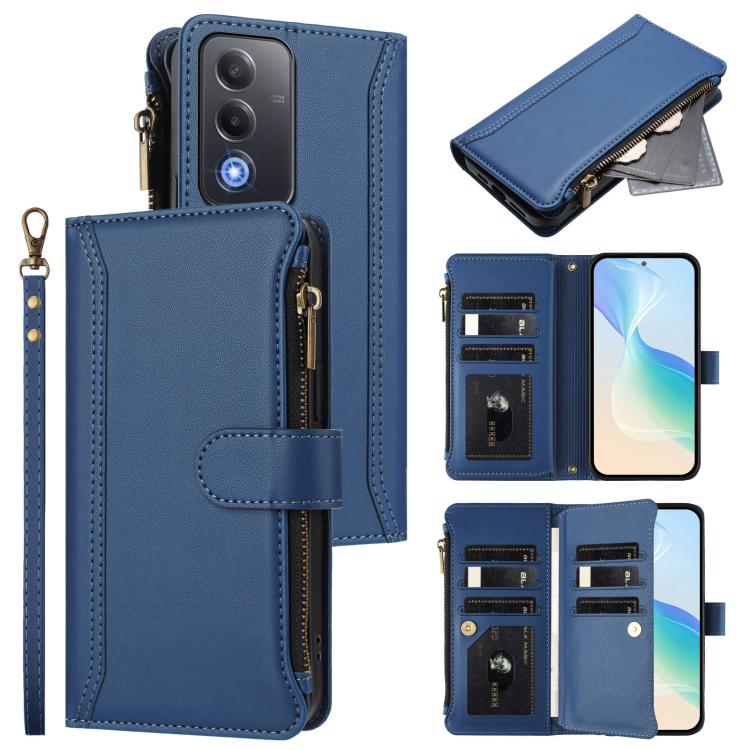 For OPPO A5 5G Global Magnetic Closure 9 Card Slots Zipper Leather Case with Hand Strap