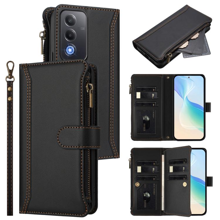 For OPPO A5 5G Global Magnetic Closure 9 Card Slots Zipper Leather Case with Hand Strap