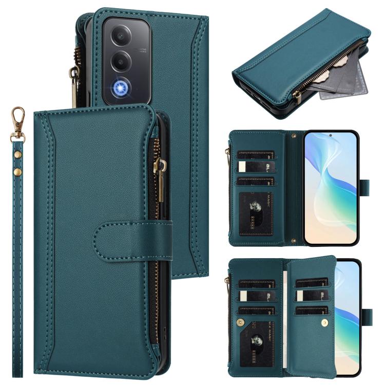 For OPPO A5 5G Global Magnetic Closure 9 Card Slots Zipper Leather Case with Hand Strap