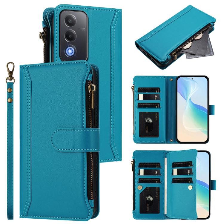 For OPPO A5 5G Global Magnetic Closure 9 Card Slots Zipper Leather Case with Hand Strap