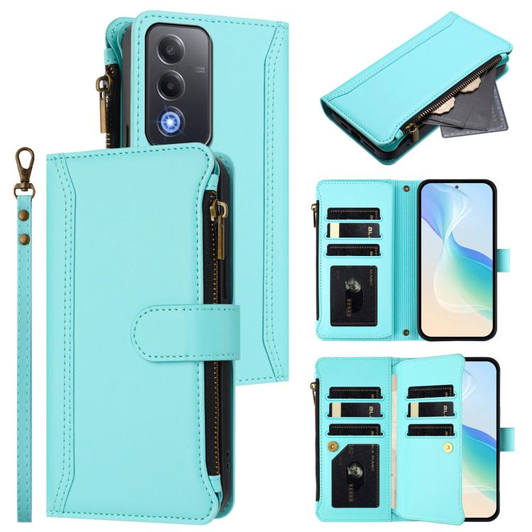 For OPPO A5 5G Global Magnetic Closure 9 Card Slots Zipper Leather Case with Hand Strap