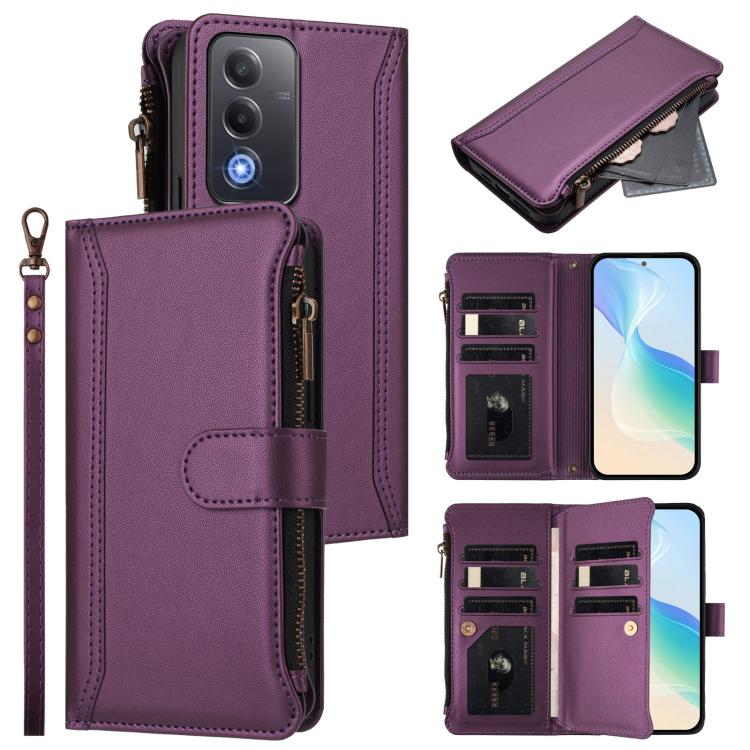For OPPO A5 5G Global Magnetic Closure 9 Card Slots Zipper Leather Case with Hand Strap