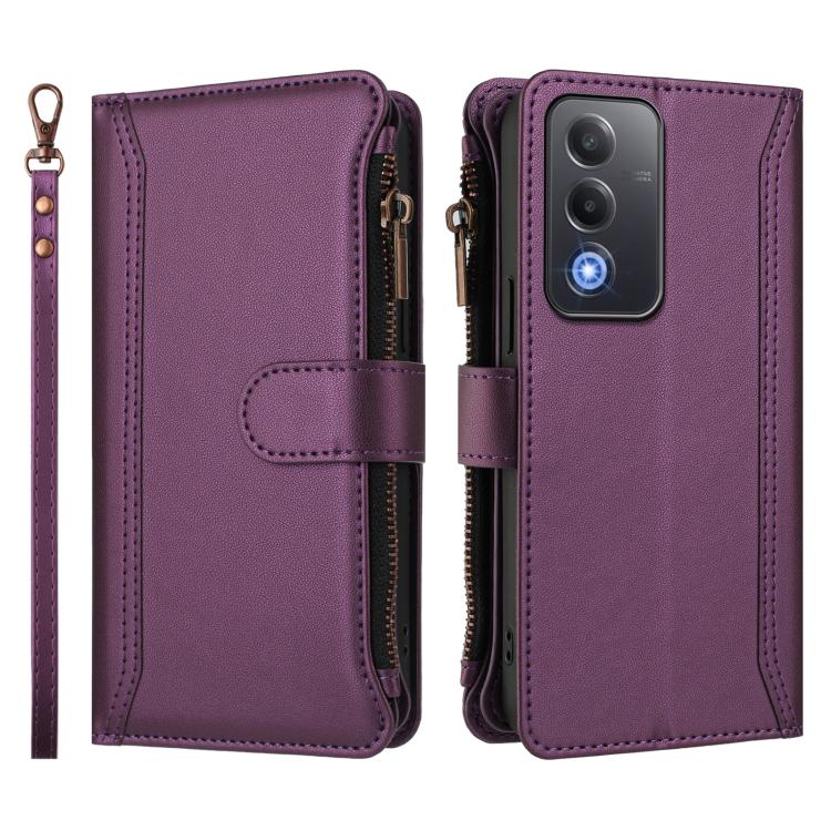 For OPPO A5 5G Global Magnetic Closure 9 Card Slots Zipper Leather Case with Hand Strap