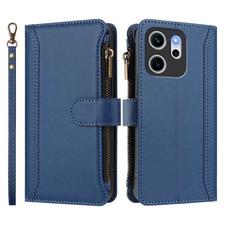 For OPPO Reno14 F 5G Magnetic Closure 9 Card Slots Zipper Leather Case with Hand Strap