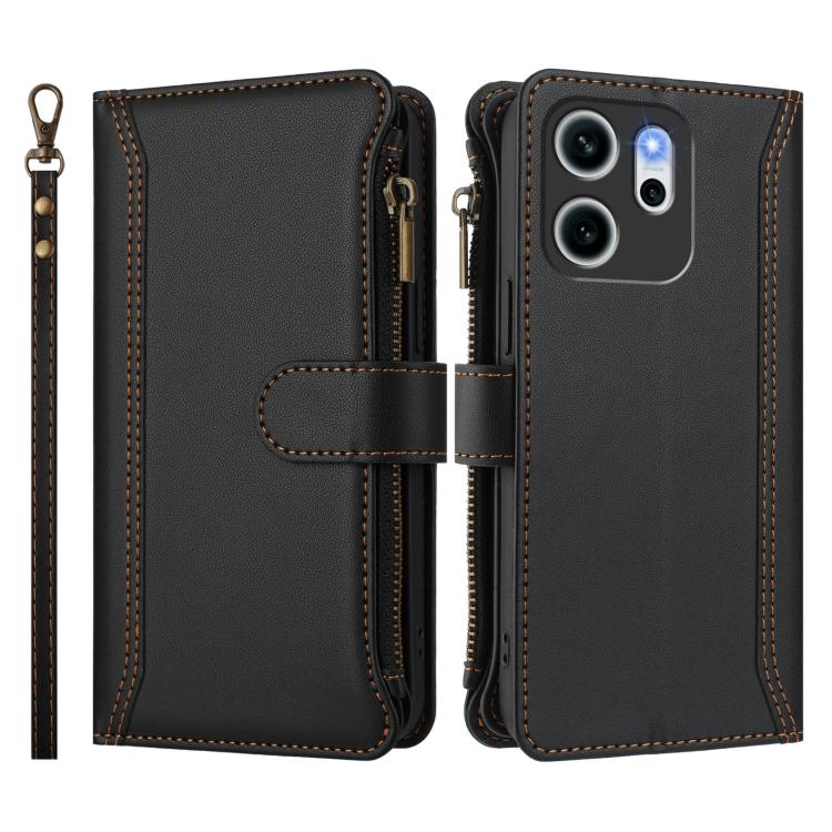 For OPPO Reno14 F 5G Magnetic Closure 9 Card Slots Zipper Leather Case with Hand Strap