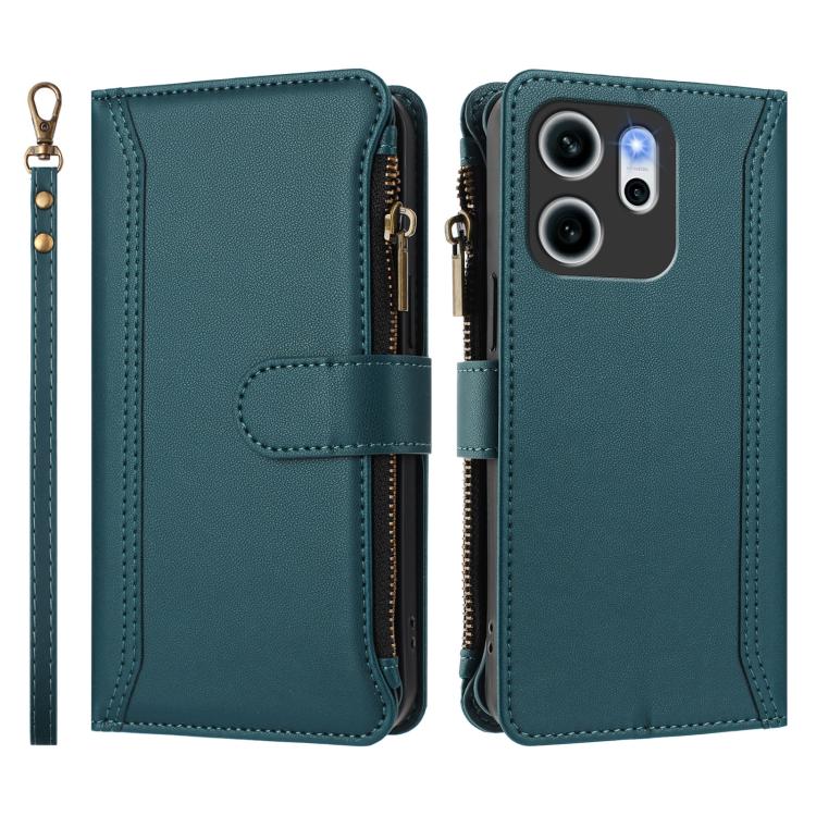 For OPPO Reno14 F 5G Magnetic Closure 9 Card Slots Zipper Leather Case with Hand Strap