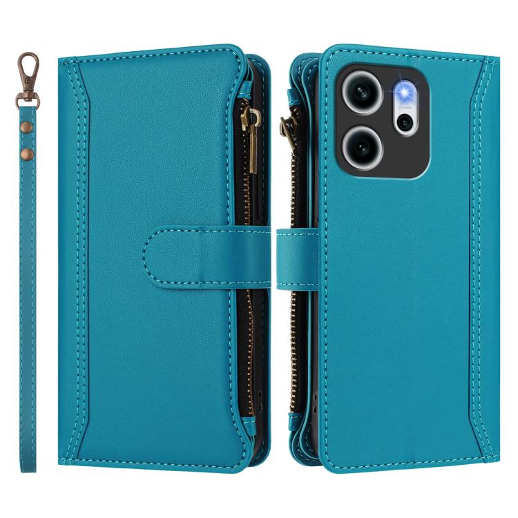 For OPPO Reno14 F 5G Magnetic Closure 9 Card Slots Zipper Leather Case with Hand Strap