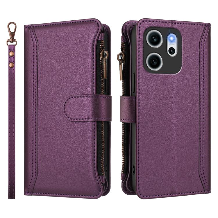 For OPPO Reno14 F 5G Magnetic Closure 9 Card Slots Zipper Leather Case with Hand Strap
