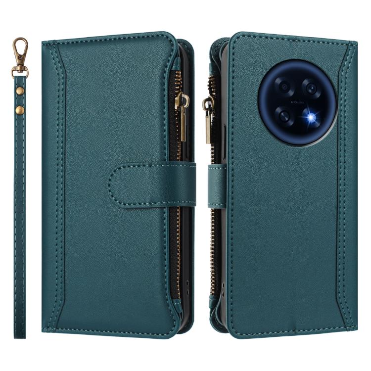 For OPPO A6 GT 5G Magnetic Closure 9 Card Slots Zipper Leather Case with Hand Strap