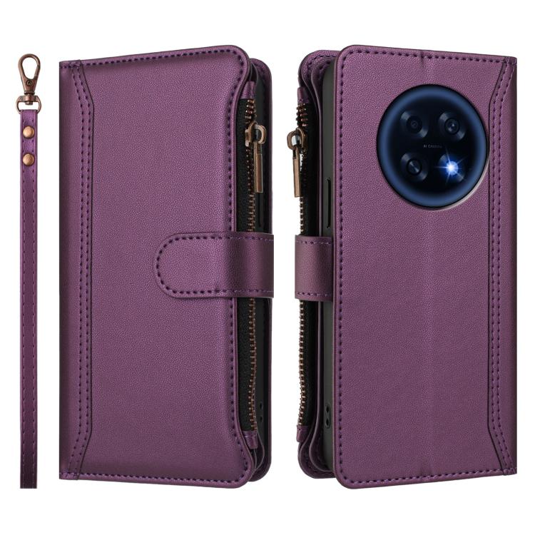 For OPPO A6 GT 5G Magnetic Closure 9 Card Slots Zipper Leather Case with Hand Strap