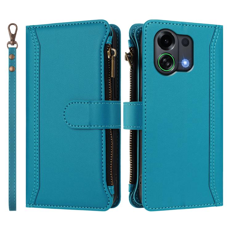 For OPPO K13 Turbo 5G Magnetic Closure 9 Card Slots Zipper Leather Case with Hand Strap