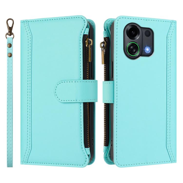 For OPPO K13 Turbo 5G Magnetic Closure 9 Card Slots Zipper Leather Case with Hand Strap