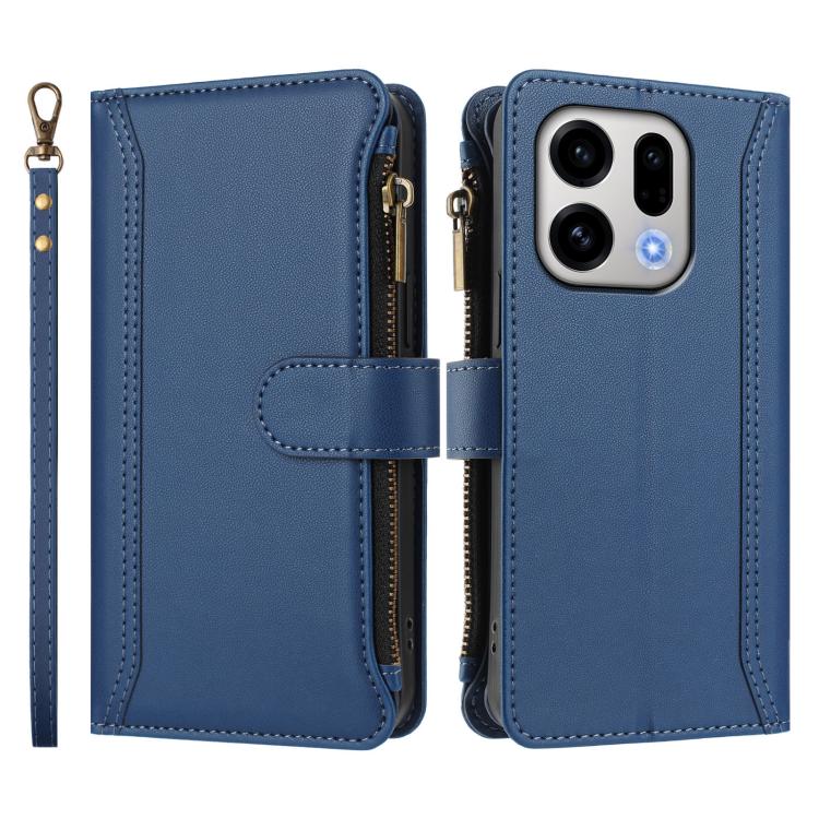 For OPPO Find X9 Magnetic Closure 9 Card Slots Zipper Leather Case with Hand Strap