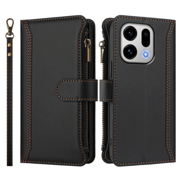 For OPPO Find X9 Magnetic Closure 9 Card Slots Zipper Leather Case with Hand Strap