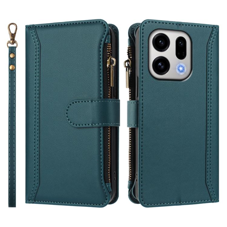 For OPPO Find X9 Magnetic Closure 9 Card Slots Zipper Leather Case with Hand Strap
