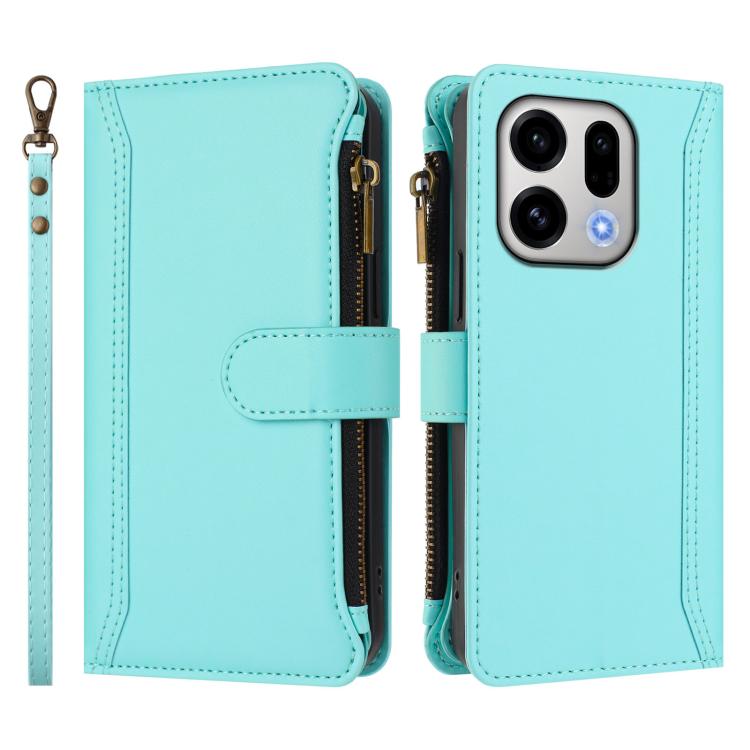 For OPPO Find X9 Magnetic Closure 9 Card Slots Zipper Leather Case with Hand Strap
