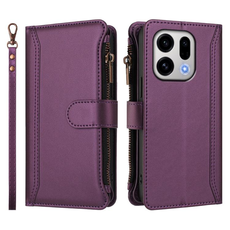 For OPPO Find X9 Magnetic Closure 9 Card Slots Zipper Leather Case with Hand Strap