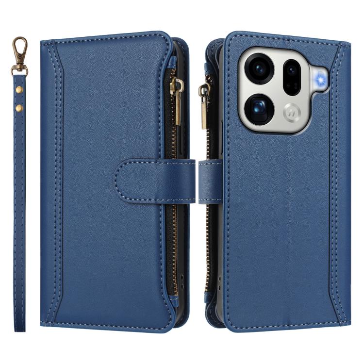 For OPPO Find X9 Pro Magnetic Closure 9 Card Slots Zipper Leather Case with Hand Strap